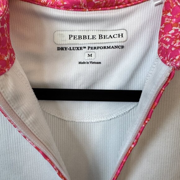 Pebble Beach Size Medium (M) Women's White Golf Polo Shirt with Pink Floral Trim - Picture 2 of 4